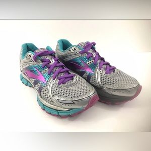 Brooks GTS 17 Womens Silver Purple Teal Running Athletic Shoes Size 7.5